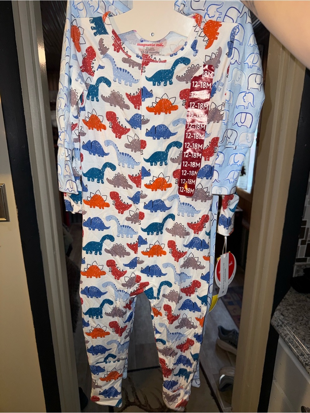 Magnetic Me White Baby Pajamas w/ Blue, Red, Orange, & Gray Dinosaurs & elephant